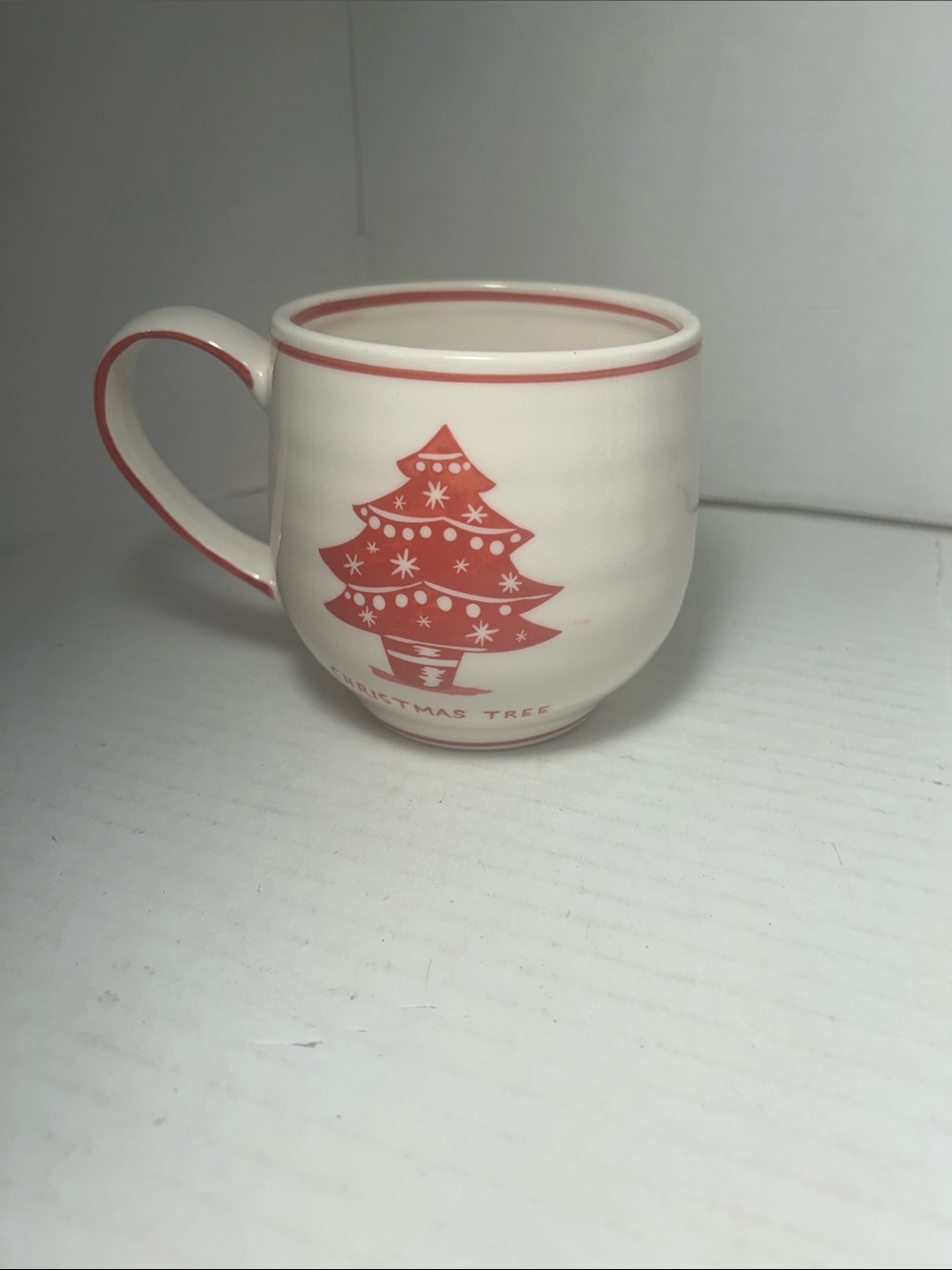 Cream Ceramic Christmas Tree Mug with Red Accent